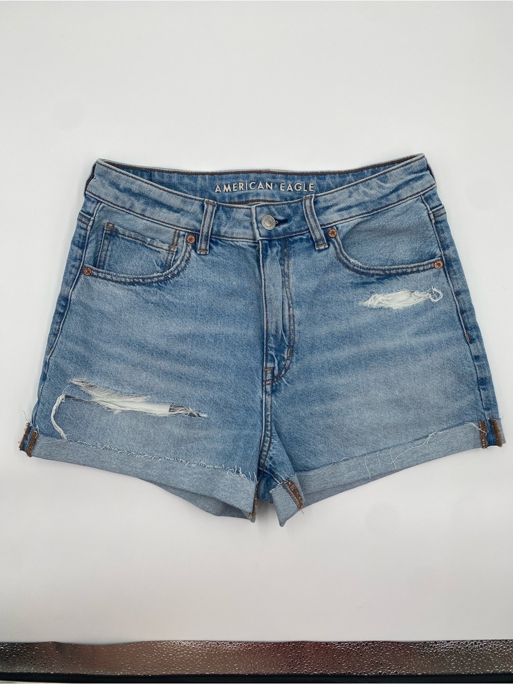 American Eagle Outfitters Mom Short Light Blue Distressed Cuffed Denim Shorts